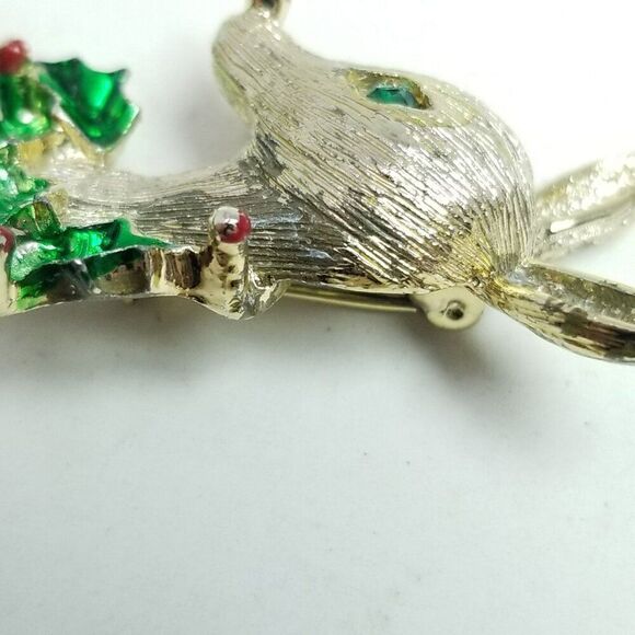 Vintage Gerry's Christmas Deer Brooch, Gold Tone Green Enamel Rhinestone Eye - Picture 5 of 7